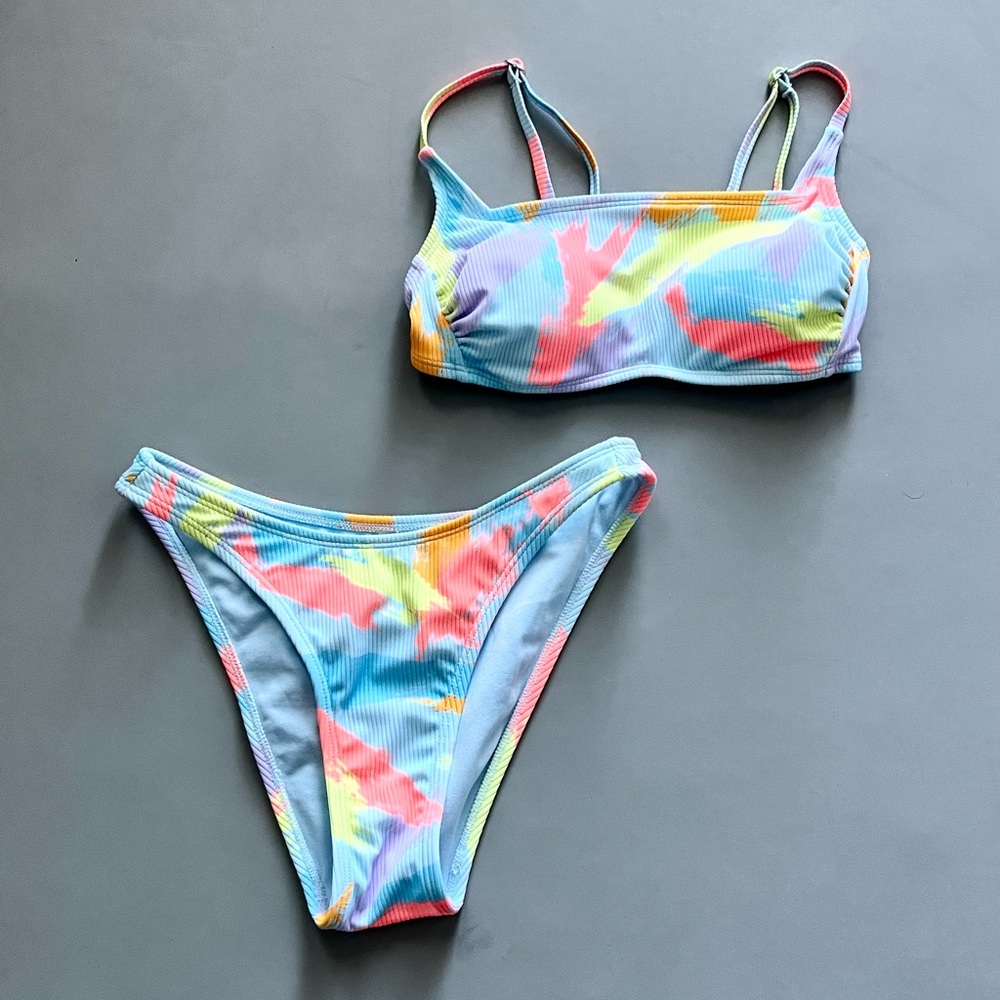 Wild Fable Blue Ribbed Bright Colorful Splash High Leg Line Square Neck Swimsuit